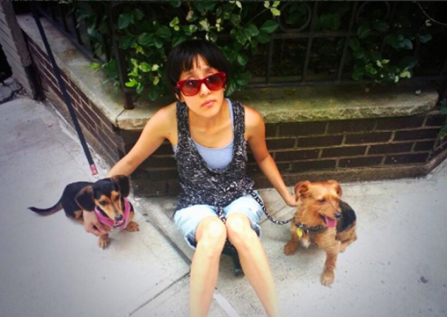 The writer and her pups on a puppy playdate :)