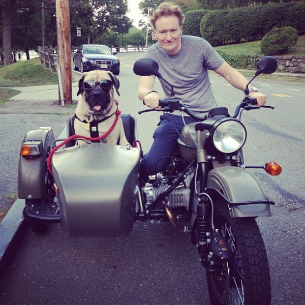 Sidecar ridin' pup Morgan with Conan O'Brien