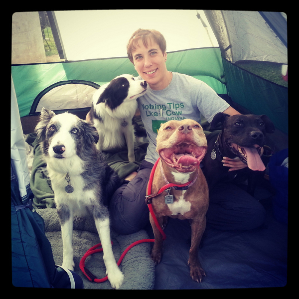 katie and her dogs in a puppin tent