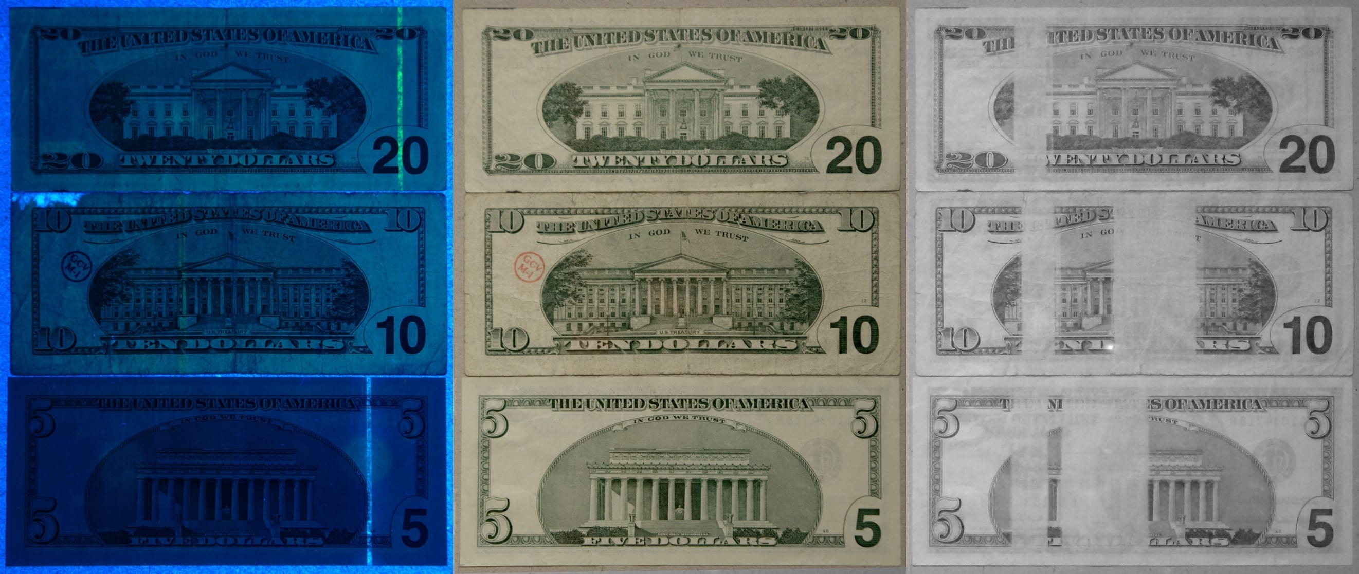 US_Currency_in_UV,_visible_and_IR_light
