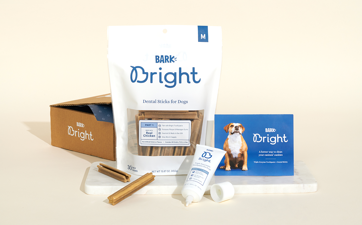 bark bright product offering including chews and toothpaste