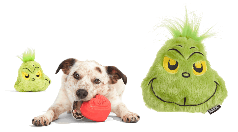 the Mr. Grinch Barkbox toy shaped like the Grinch's head