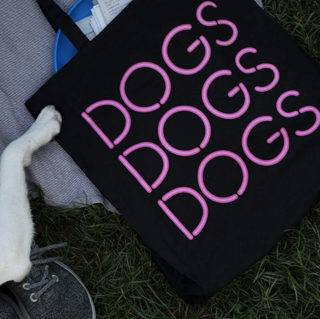 tote bag reading "dogs dogs dogs"