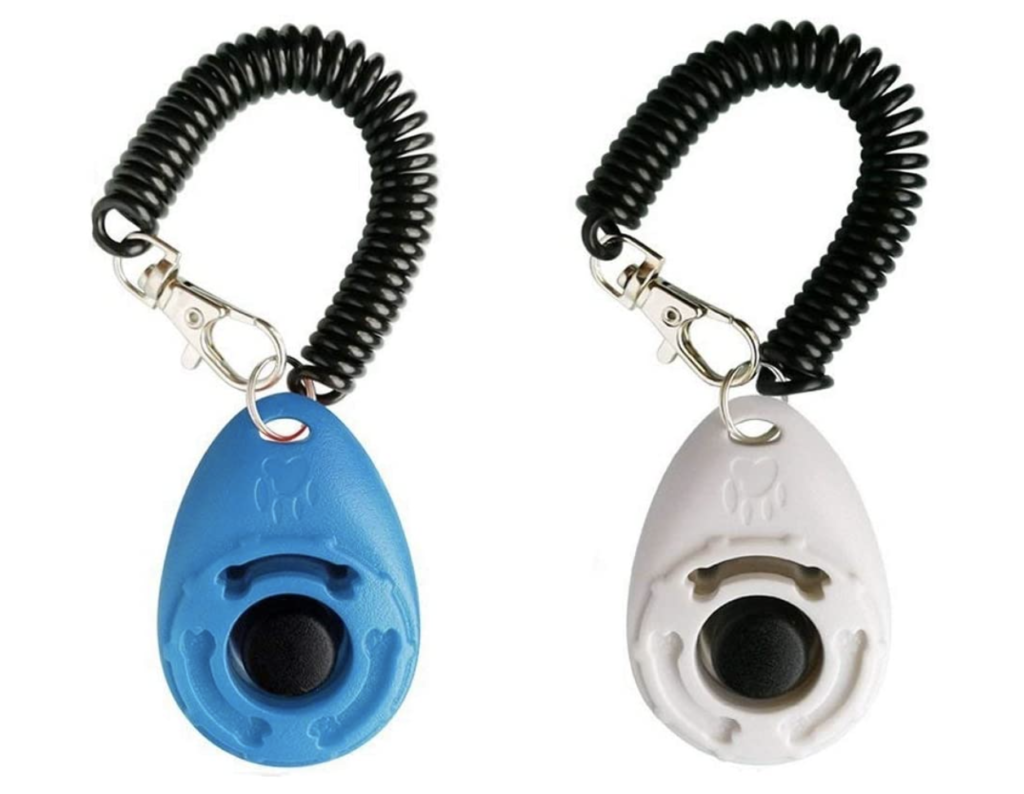 two colors of a typical dog training clicker