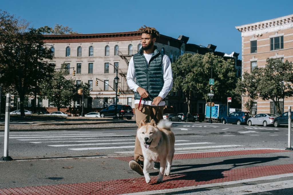 man walking his dog through the city