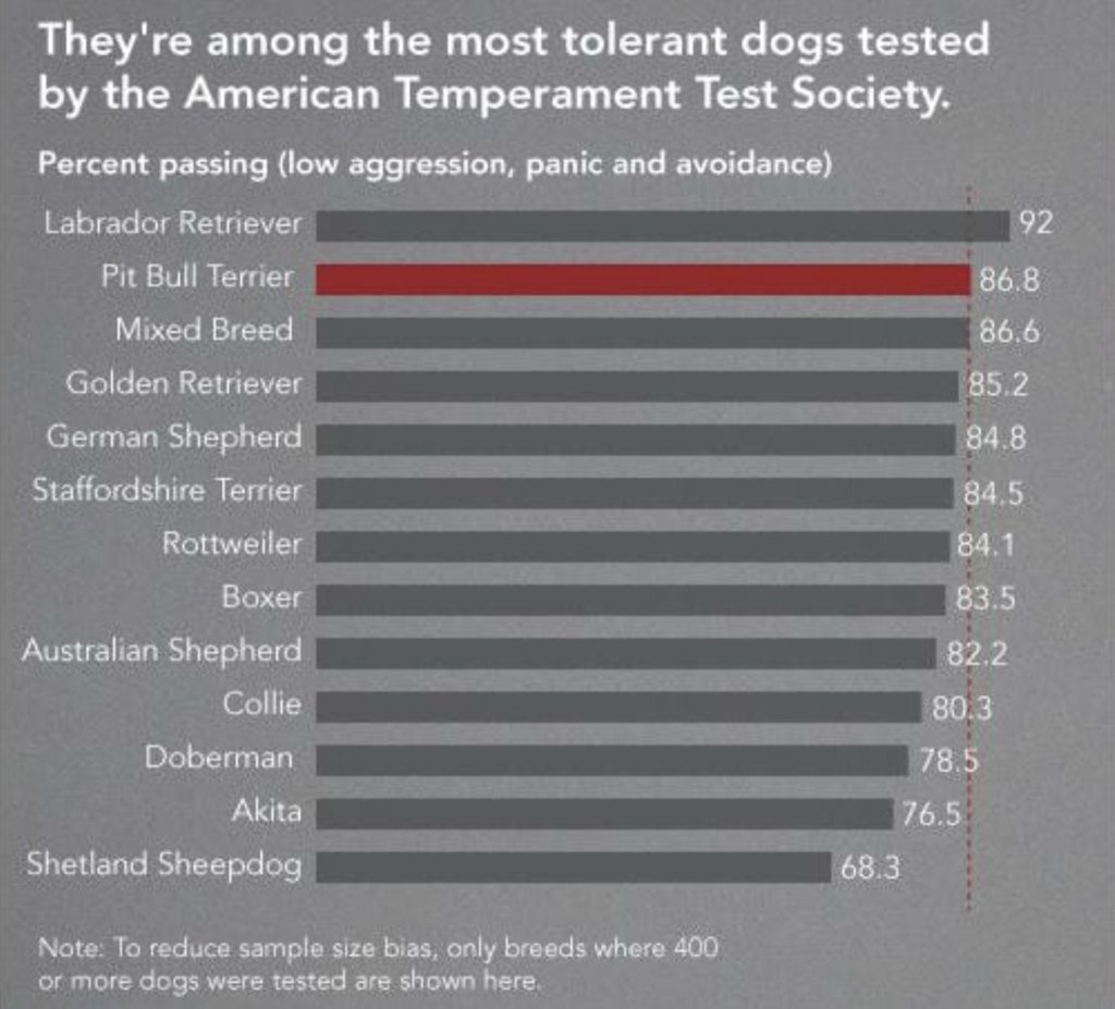 Statistics around dog temperament, with Pit Bulls near the top with lower aggression than most breeds.