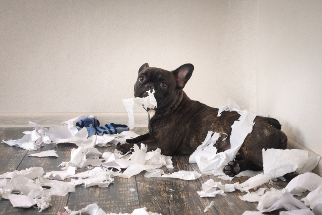 a dog in a pile of shredded paper