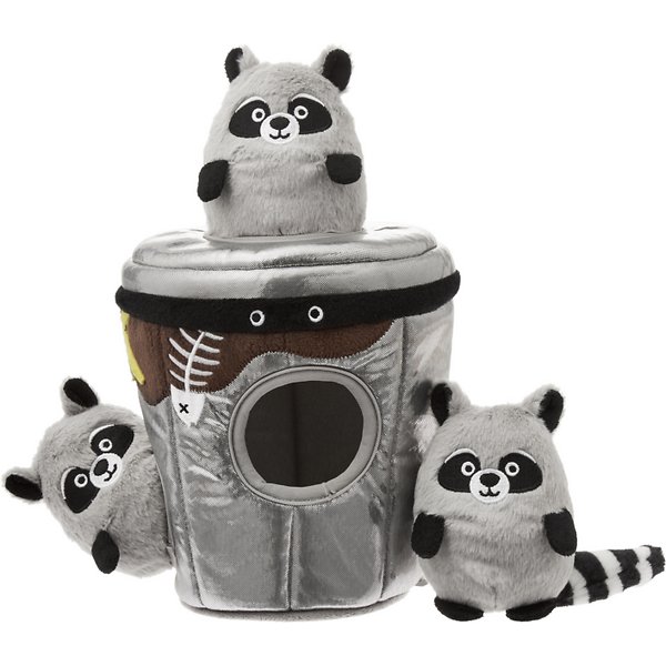 raccoon dog toy and trashcan