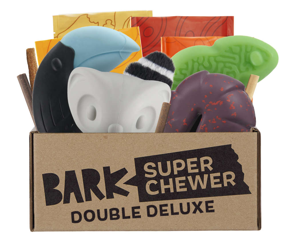 a super chewer box full of dog toys