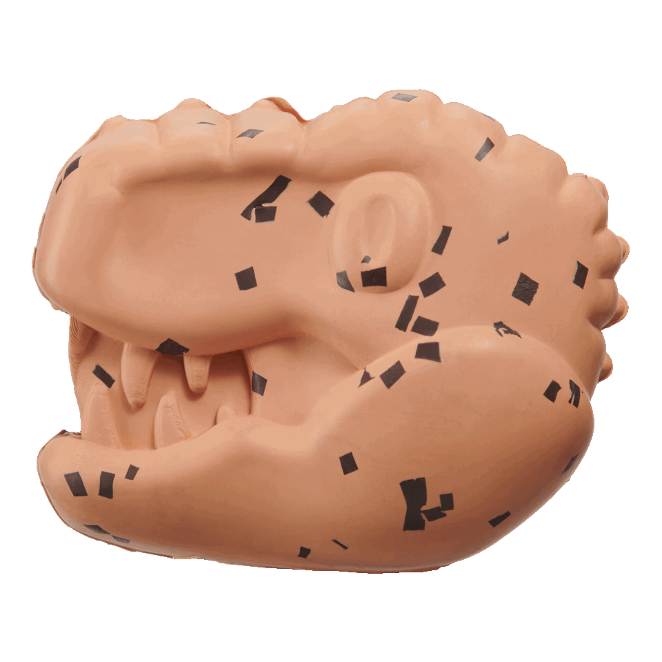 T-Rex head treat dispensing toy from jurassic park themed super chewer toy
