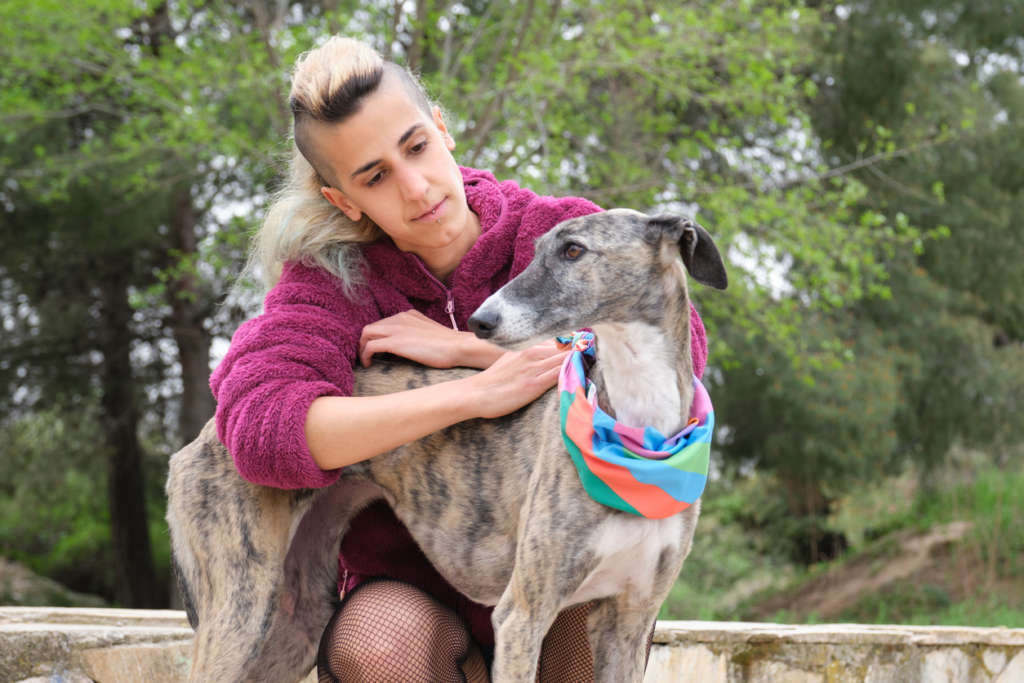 Young woman smiling and hugging her greyhound dog in a park
