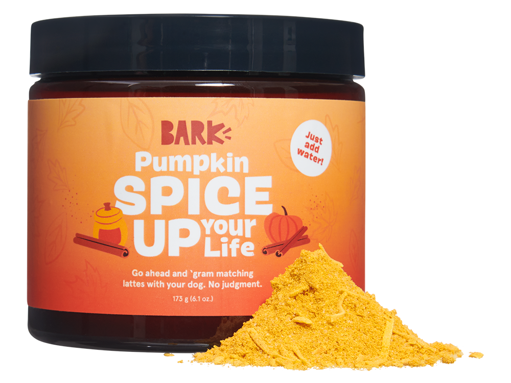 1. BARK "Pumpkin Spice Up Your Life" Dog Food Topper