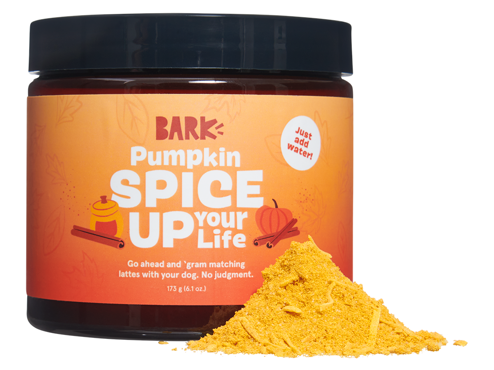 1. BARK "Pumpkin Spice Up Your Life" Dog Food Topper